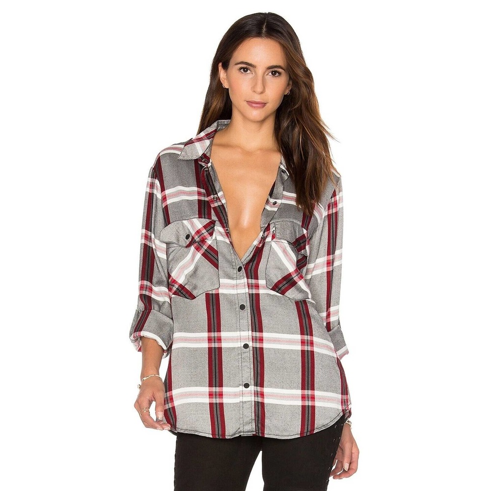 Sanctuary Womens Size S Plaid Boyfriend Button Up Shirt Roll Tab Sleeve Pockets